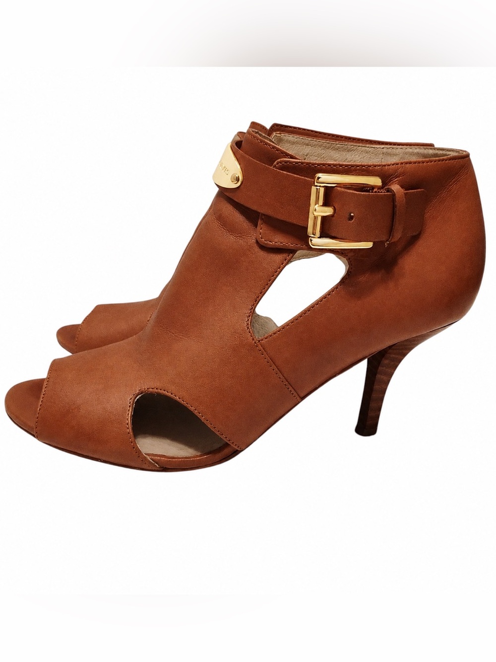 Michael Kors MK Plate Open Toe Cognac Leather Booties Heels Shoes Luggage Tan 7 - Picture 8 of 10